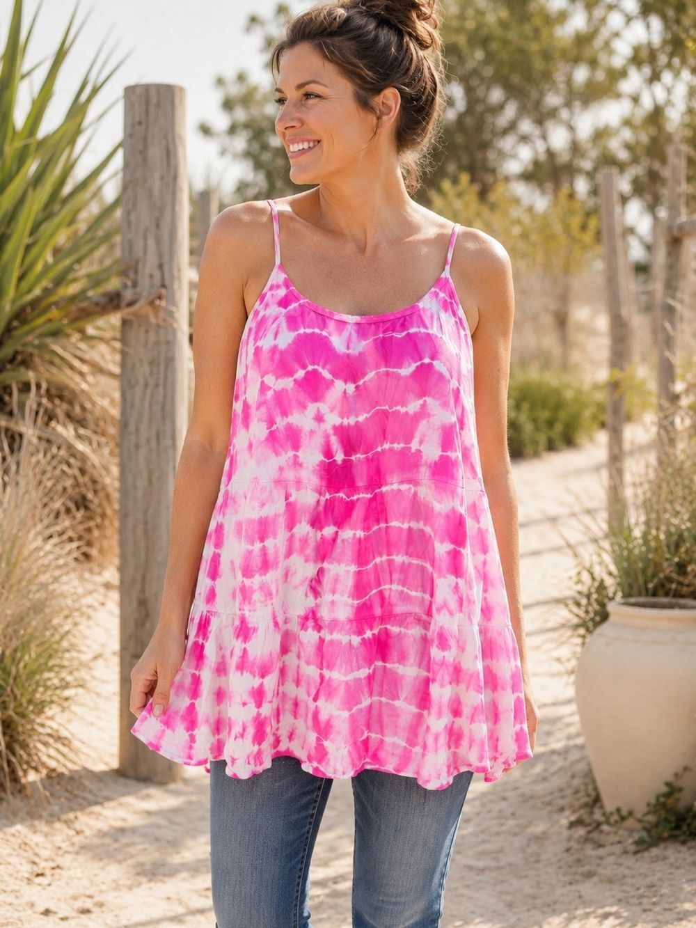 Torrid Size 0 US 12 L Pink White Tie Dye Swing Cami Tunic Adjustable Strap